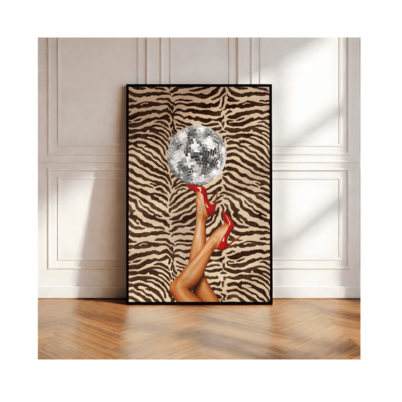 Disco Ball & Red Heels Zebra Poster Maximalist Fashion Wall Art Retro Glam Poster Chic Interior Decor Bold Animal Pattern Art
