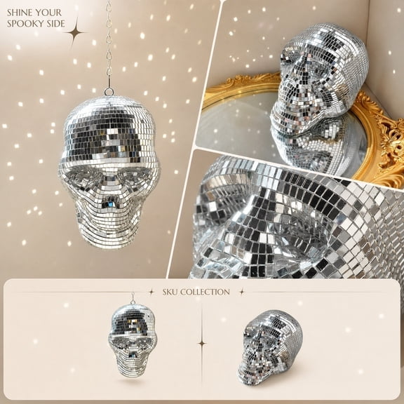 Disco Ball Skull Decor, Holiday Hanging Skeleton Decor, 5.9" Handmade Shiny Sculpture, Disco Skeleton Head, Skull Model, Unique Reflective, Party, Home, Silver