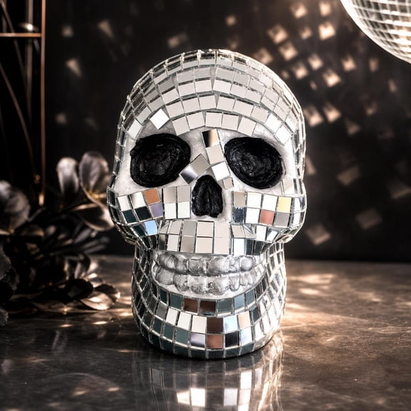 Disco Ball Skull Figurine, 3D Glass Mirror Effect Halloween Skeleton Head Decor for Shelf, Desk, and Tiered Trays
