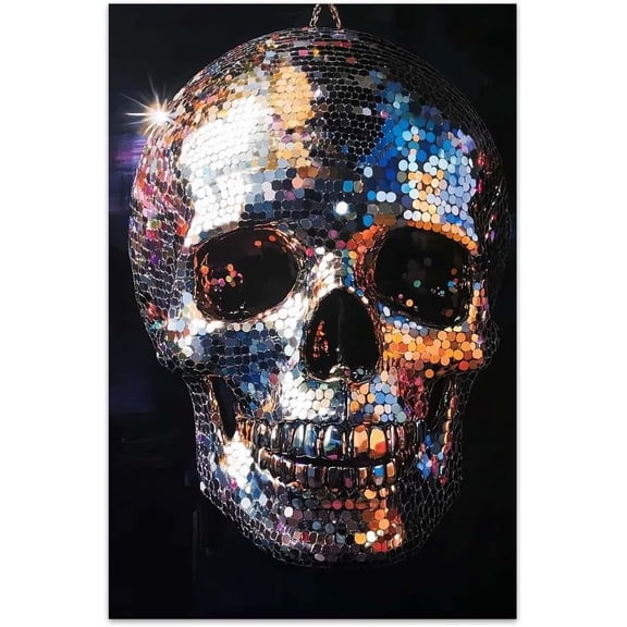 Disco Ball Skull Wall Art, Maximalist Funky Art Poster Canvas Prints Pictures, Eclectic Wall Art Wall Dcor for Living Room Bedroom Gift for Men Home Decorations (Unframed, 8x12, Skull)