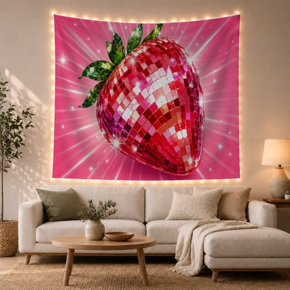 Disco Ball Strawberry on a Hot Pink Background, Playful Retro Style for Strawberry Lovers, Fruit Wall Decor Birthday Gift, Tapestry Wall Hanging for Bedroom and Dorm