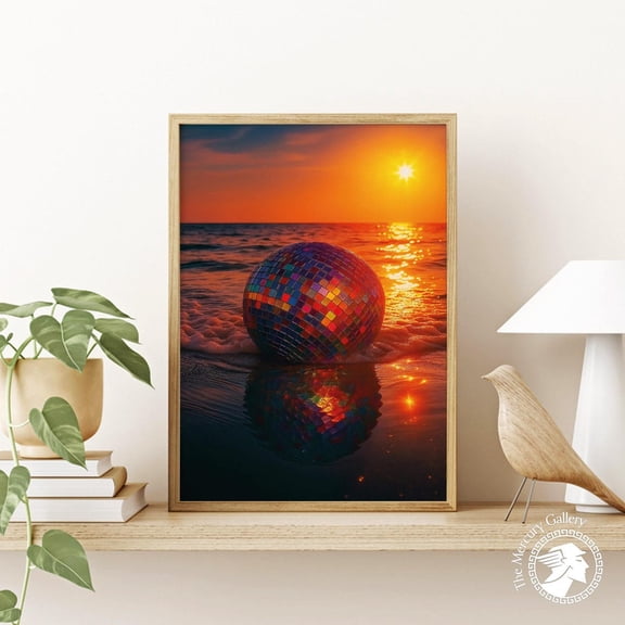 Disco Ball Sunset Print 70S Retro Beach Wall Art