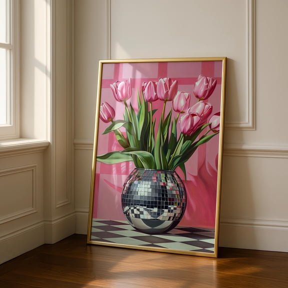 Disco Ball & Tulip Prink Pink Prints Fun Wall Art Maximalism Art Print Poster, Poster Only