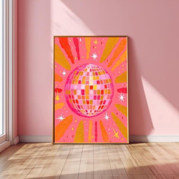 Disco Ball Wall Art Print – Retro Pink Orange Glitter Aesthetic 70s Party Decor Poster Decor, Unframed Poster Size 8x12 F03.1.22l1181