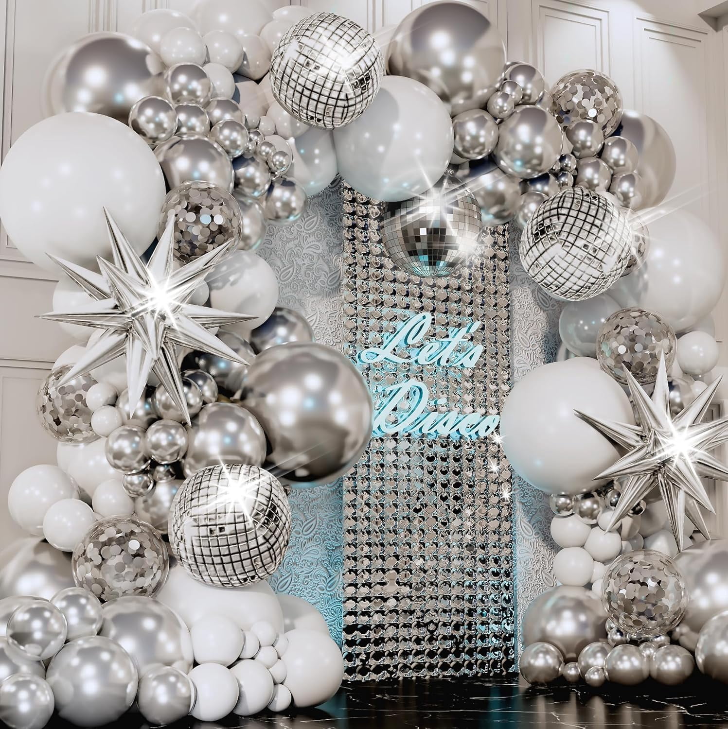 Disco Balloon Arch Kit With Ball Garland For Party Decorations Silver And White Balloons