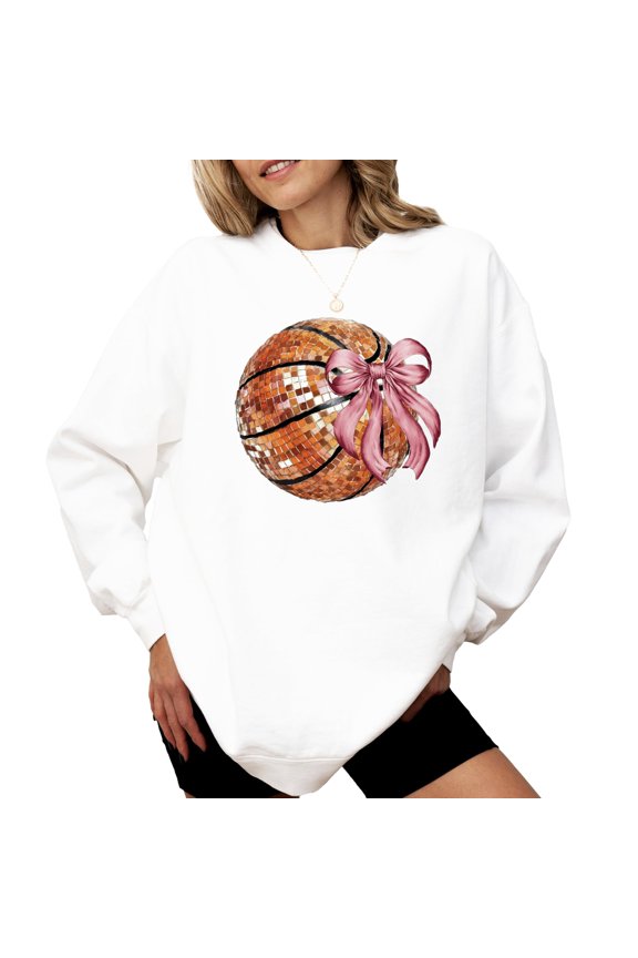 Disco Basketball Sweatshirt for Women and Teens Pink Coquette Bow Basketball Pullover White Sweatshirt Adult X-Large