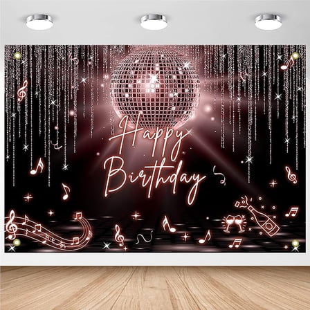 Disco Birthday Backdrop Glitter Disco Ball Birthday Party Decorations Retro Happy Birthday Photography Background Music Disco Happy Bday Banner (Black and Silver, 7x5ft)