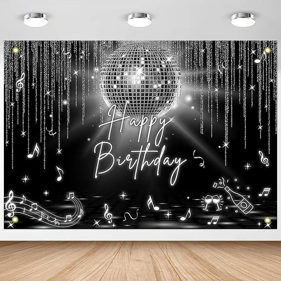 Disco Birthday Backdrop Glitter Disco Ball Birthday Party Decorations Retro Happy Birthday Photography Background Music Disco Happy Bday Banner (Black and Silver, 7x5ft)