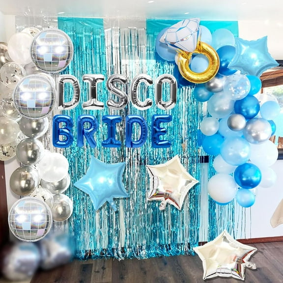 Disco Bride Bachelorette Party Decoration Set - Shiny Blue, Silver and White Backdrop + 38-piece Set Including Diamond Rings/Disco Balls for Themed Decoration