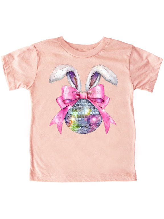 Disco Bunny Easter Shirt for Girls Fluffy Rabbit Ears and Pink Coquette Bow Graphic Tee Peach Shirt Youth Large