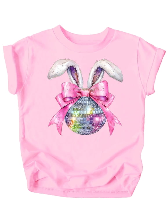 Disco Bunny Easter Shirt for Girls Fluffy Rabbit Ears and Pink Coquette Bow Graphic Tee Pink Shirt 12 Months