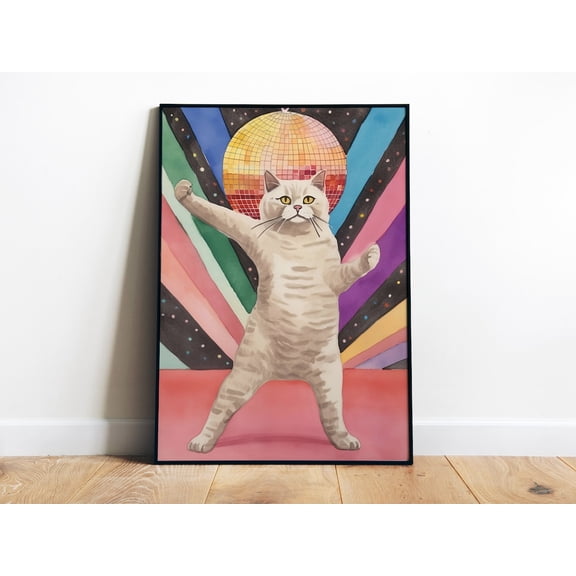 Disco Cat Cute Kitten Illustration Trendy Funky Wall Decor, Unframed Paper Poster 8x10in