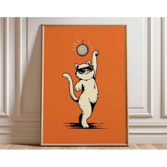 Disco Cat Funky Dancing Cat Retro Cool Kitty Wall Art Print, Unframed Paper Poster 24x36in
