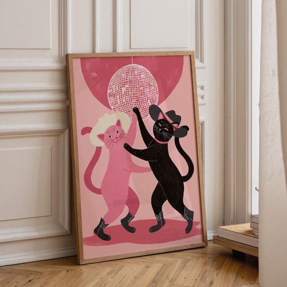Disco Cat Print, Retro Animal Art, Pink Wall Decor, Cowgirl Cat Poster Unframed Paper Print
