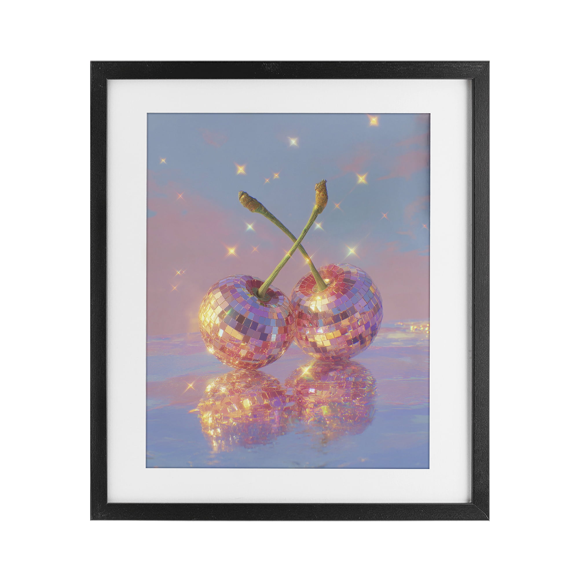 Disco Cherry Reflection Black Framed Print Under Glass, design by Ziwei Li