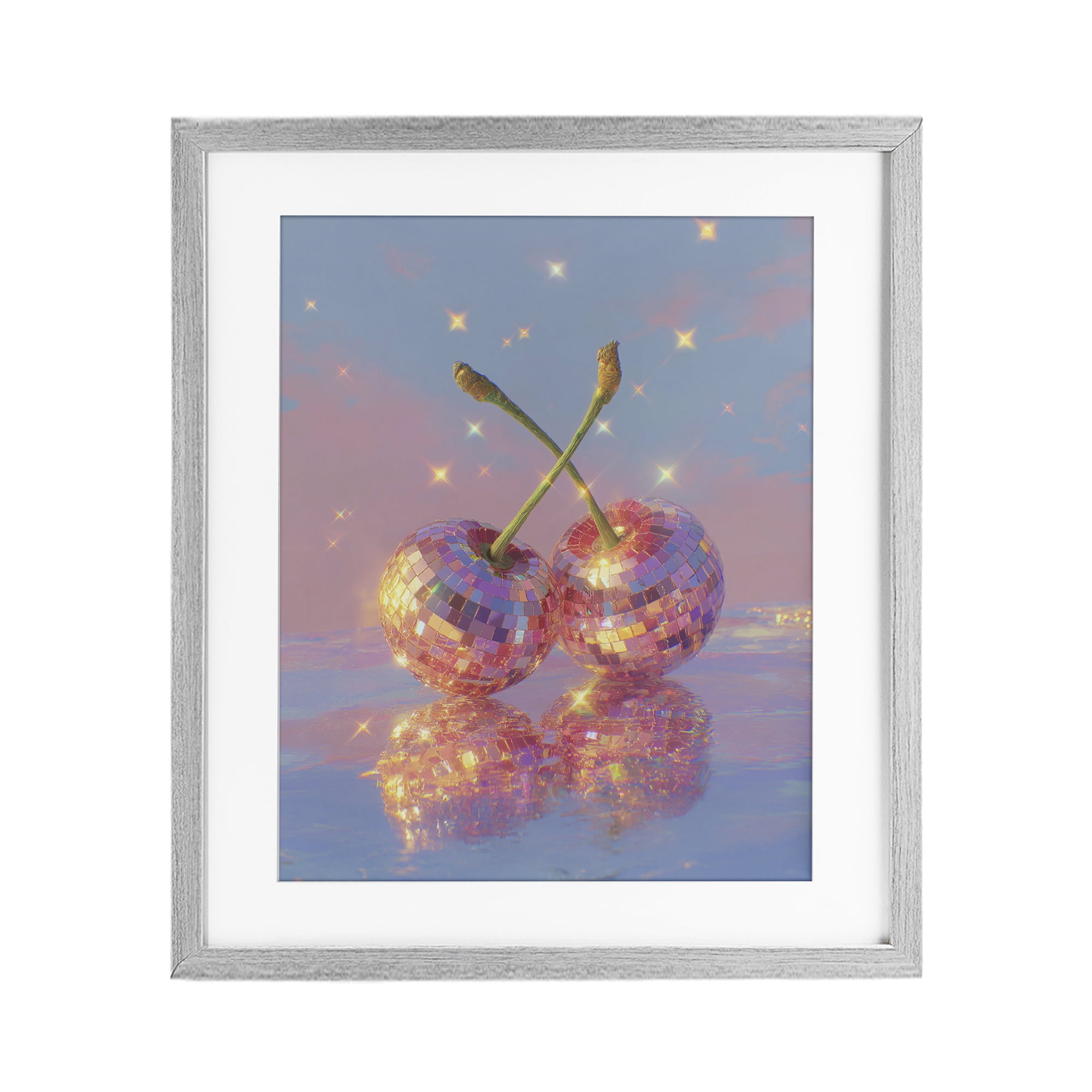 Disco Cherry Reflection Gray Framed Print Under Glass, design by Ziwei Li