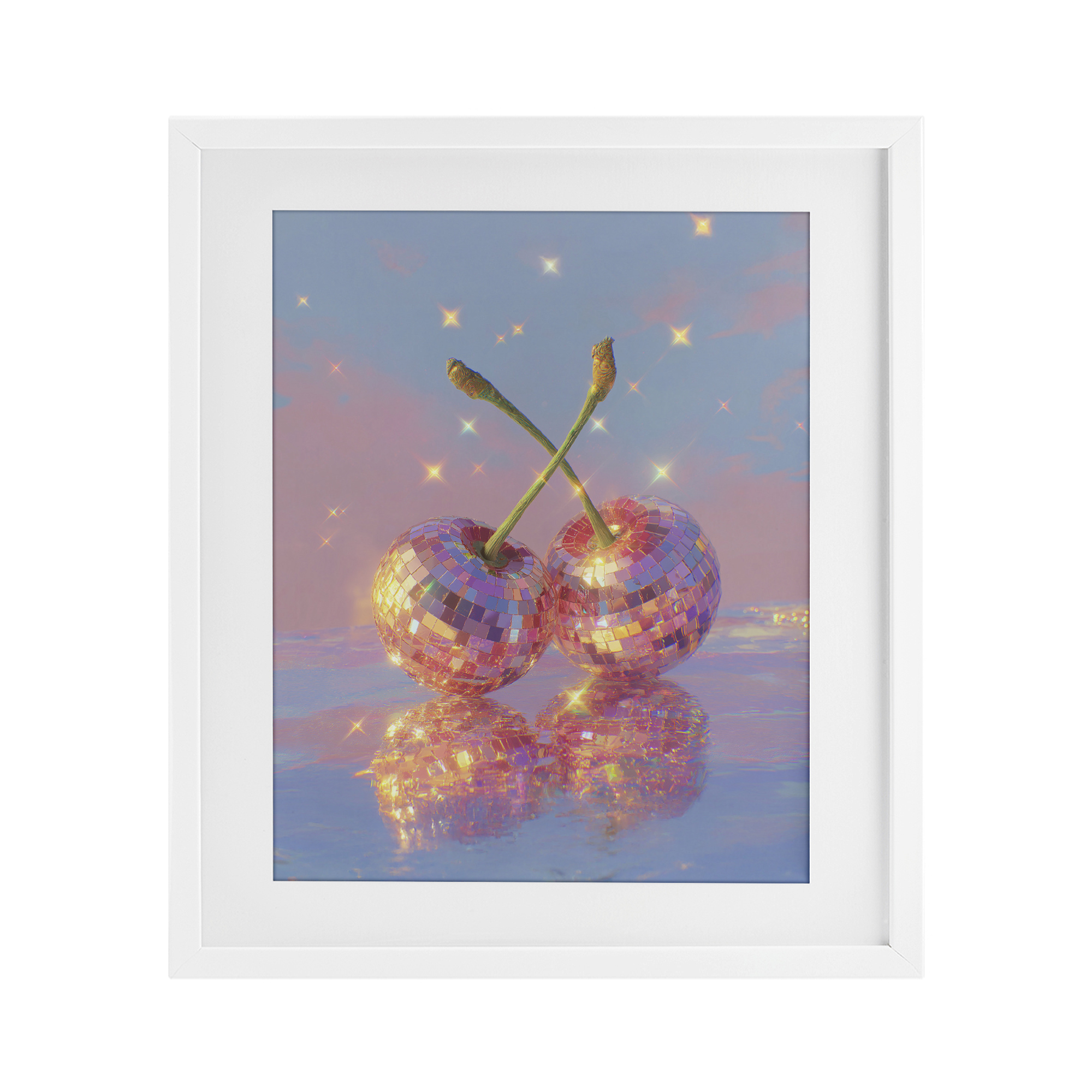 Disco Cherry Reflection White Framed Print Under Glass, design by Ziwei Li