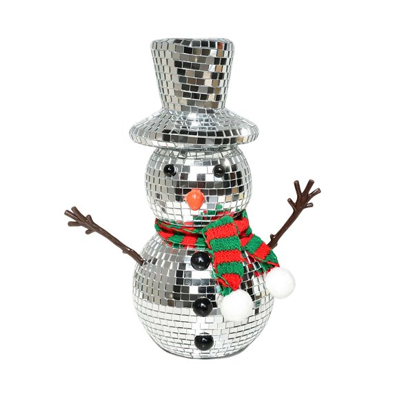 Disco Christmas Snowman, Mirror Ball Figurine with Scarf for Holiday Mantel