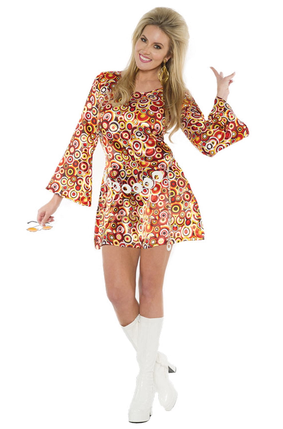 70s disco dresses for women 1970's Mini Skirt Dress, Queen, 70s Ladies Attire, Disco Chick White Go Go Boots, Disco Chick Blond Afros, 70s Psychedelic Disco Mini Dress This short dress features blue and green flowers with flared sleeves. Parlsdy 60s 70s Outfits Women