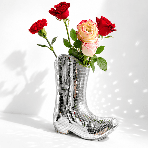 Disco Cowboy Boot Ceramic Vase with Mirrored Facets, 9.5 Inch