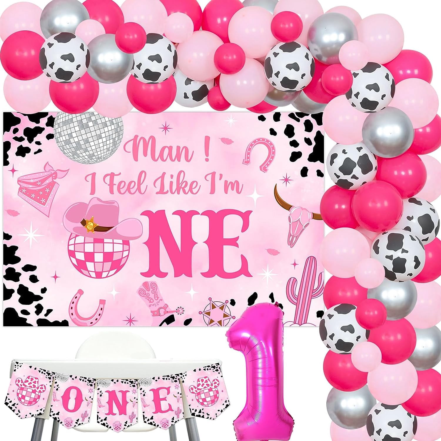 Disco Cowgirl 1st Birthday Decorations, Man I Feel Like I'M One Party Decorations Backdrop, Western Hot Pink Balloons Garland Arch Number 1 Foil Balloon One High Chair Banner for First Rodeo