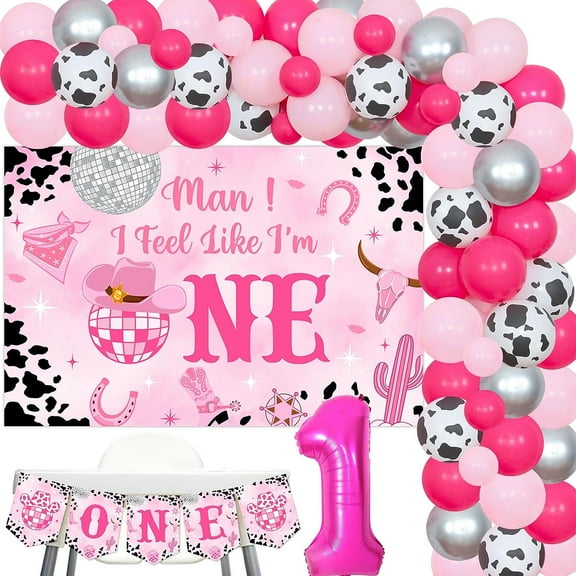 Disco Cowgirl 1st Birthday Decorations, Man I Feel Like I'M One Party Decorations Backdrop, Western Hot Pink Balloons Garland Arch Number 1 Foil Balloon One High Chair Banner for First Rodeo