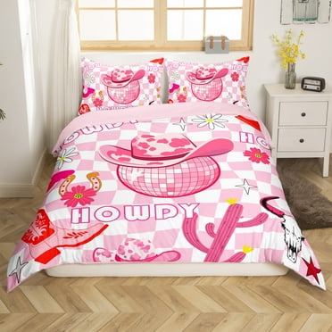 Disco Cowgirl Bedding Sets Queen Size Western Cowboy Duvet Cover Pink Cowboy Hat Comforter Cover Rustic Farmhouse Country Theme Bedspread Cover Geometric Plaid Bedding （No Comforter）