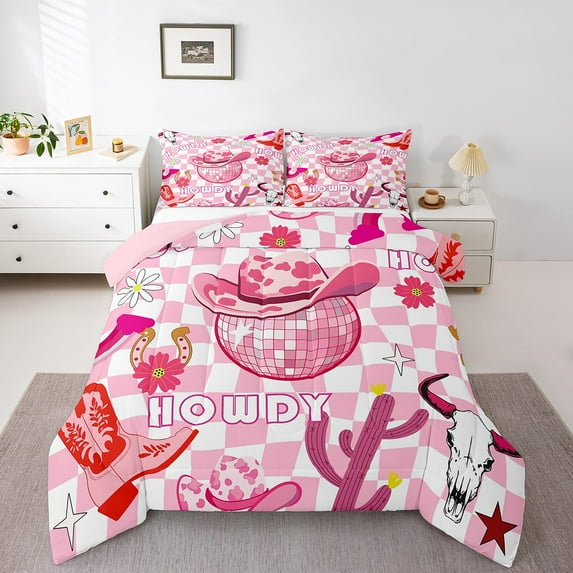 Disco Cowgirl Comforter Set Twin Size Western Cowboy Bedding Sets Pink Cowboy Hat Bedding Comforter Sets Rustic Farmhouse Country Theme Down Comforter Geometric Plaid Quilt Set