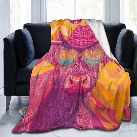 Disco Cowgirl Highland Cow Throw Blanket, Retro Western Artwork, Pink Hat & Sunglasses Design, Preppy Gift 50x40