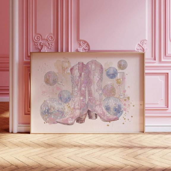 Disco Cowgirl Wall Art Pink Cowboy Boots Wall Art Western Glam Wall Art Western Glam Bachelorette Party Decor Sparkly Western Glam Print Poster, Unframed Poster Size 12x18 F03.1.15l1293