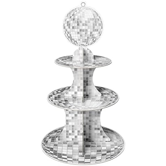 Disco Cupcake Stand Decoration - 3-Tier Silver Glitter Disco Ball Cardboard Cupcake Stand Dessert Holder for Disco Theme Birthday Party Decor Baby Shower Bachelorette Party Table Decor Supply