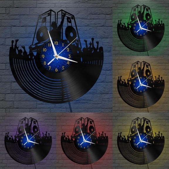 Disco DJ DJing 7 12 Inch Vinyl Record Wall Clock - Silent, Creative, and Unique Clock for Living Room, Entryway, or Bedroom Decor - Perfect Gift Idea(12 inchs B with LED)