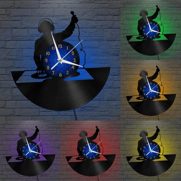 Disco DJ DJing 9 12 Inch Vinyl Record Wall Clock - Silent, Creative, and Unique Clock for Living Room, Entryway, or Bedroom Decor - Perfect Gift Idea(12 inchs B with LED)