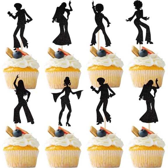 Disco Dancer Cupcake Toppers, Black Glitter Silhouette Picks, 70s Theme Party Cake Decorations, 8 Count