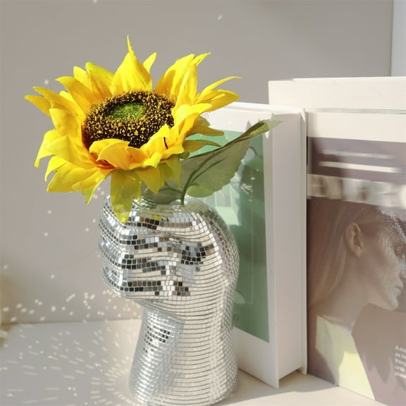 Disco Flower Planter, Disco Ball Hand Vase,6.7 Inch Modern Art Centerpieces Vase,Reflective Light Mirror Balls,Modern Silver Mirror Glass Hand Statue for Home Table Shelf Indoor