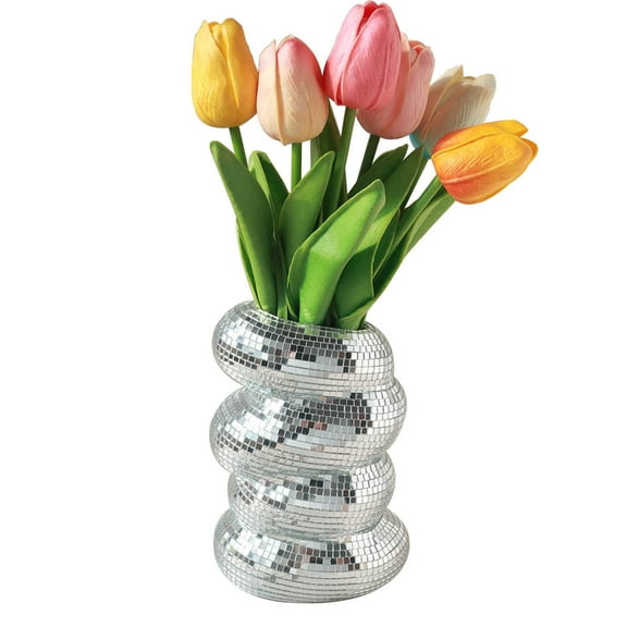 Disco Flower Planter, Disco Ball Spiral Vase,Creative Centerpieces Vase,Reflective Light Mirror Balls,Modern Silver Mirror Glass Vase for Home Table Shelf Indoor