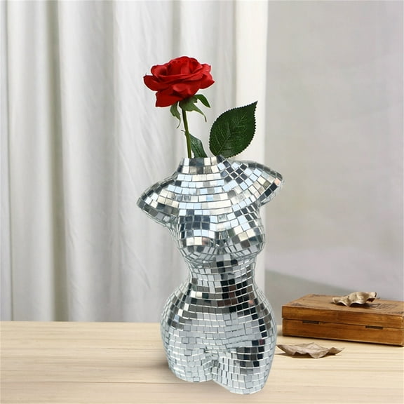 Disco Flower Planter, Modern Ceramic Disco Body Vase,Creative Centerpieces Female Body Vase,Reflective Light Mirror Balls,Silver Mirror Glass Pot for Home Table Shelf Indoor