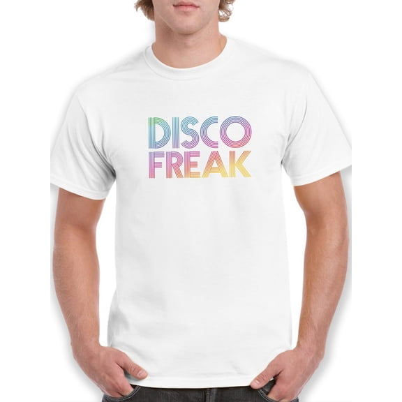 "Disco Freak" Across Chest Multicolor Text Men White T-Shirt, Male Medium