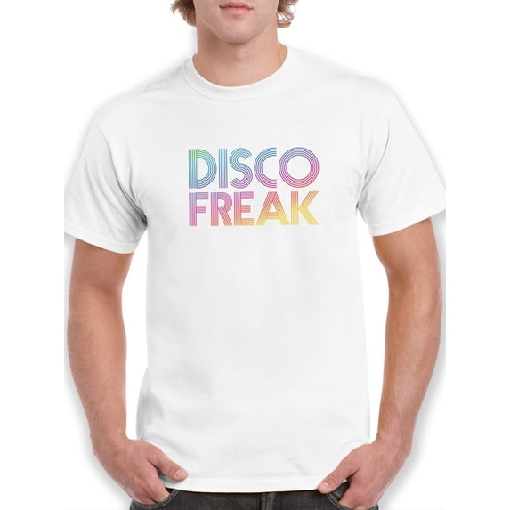 "Disco Freak" Across Chest Multicolor Text Men White T-Shirt, Male x-Large