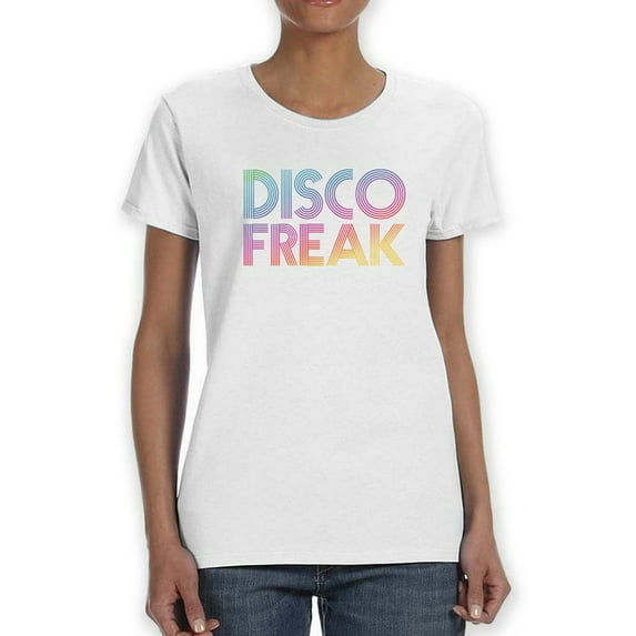 "Disco Freak" Across Chest Multicolor Text Women White T-Shirt, Female Small