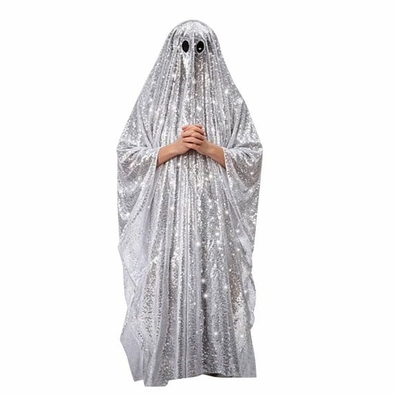 Disco Ghost Cosplay, Disco Ghost Costume, Disco Ghost Outfit, Disco Ghost Costume Adult Halloween Ghost Poncho Disco Family Costume Fancy Dress Cosplay for Woman Man, Light Gray One Size