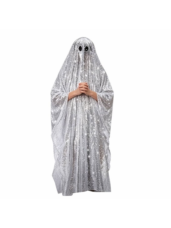 Disco Ghost Cosplay, Disco Ghost Costume, Disco Ghost Outfit, Disco Ghost Costume Adult Halloween Ghost Poncho Disco Family Costume Fancy Dress Cosplay for Woman Man, Light Gray One Size