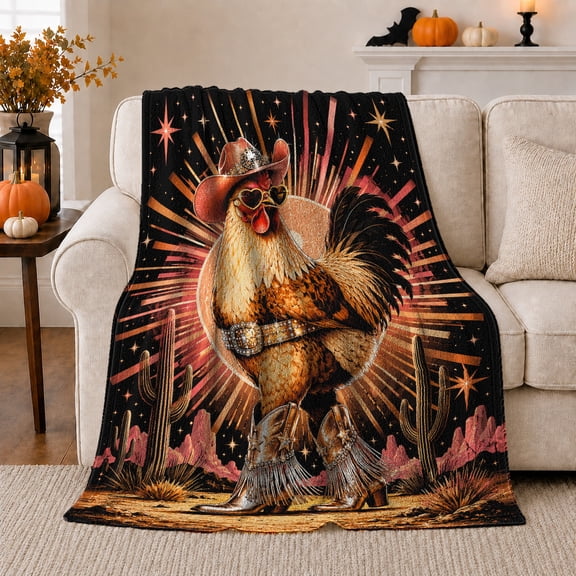 Disco-Glam Cowboy Rooster, Playful Rustic Scene, Warm Flannel Blanket for Cabin and Lodge with Detailed Artwork, Art Lovers Valentine's Day Gift, Rustic Home Decor