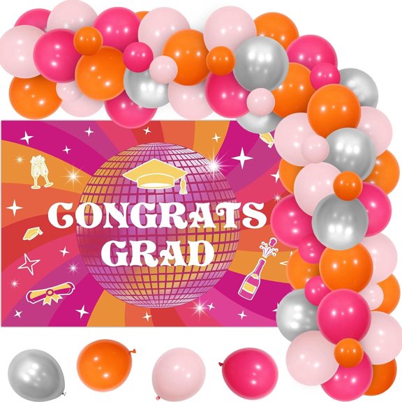 Disco Graduation Party Decorations with Congrats Grad Backdrop Banner and Disco Pink and Orange Hip Hop Graduation Balloon Arch Decor for High School College 80s 90s Class of 2026 Party