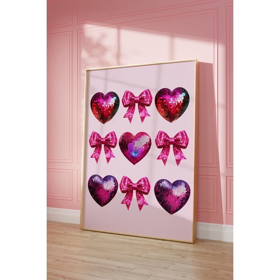 Disco Heart & Bows Print, Coquette Pink Wall Art Home Decor #2635, Unframed Poster Size 12x18