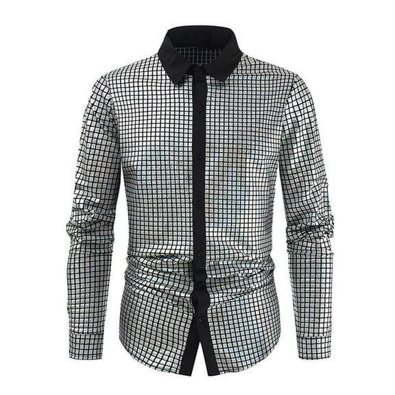 Disco Holiday Free Mens 70s 80s Shiny Sequin Shirts Metallic Party Short Sleeve Button Down Shirts Funny Nightclub Tee Shirt