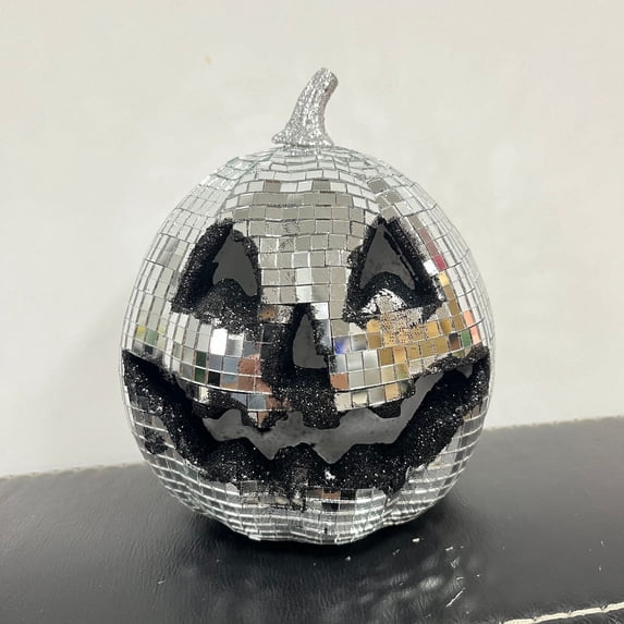 Disco Jack-O-Lantern Pumpkin Decor, Silver Mirror Ball Pumpkin, Halloween Light Reflective Ornament,6.7IN