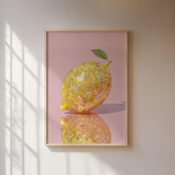 Disco Lemon Pop Yellow Disco Ball On Pink Background Fruit Decor For Kitchen Living Kitchen Wall Art Poster , Poster Print Only