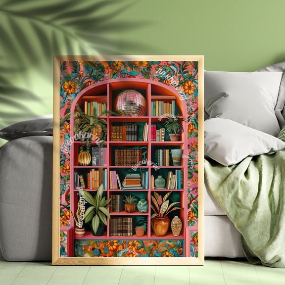 Disco Library Pink Reading Room Art, Unframed Paper Poster 8x10in