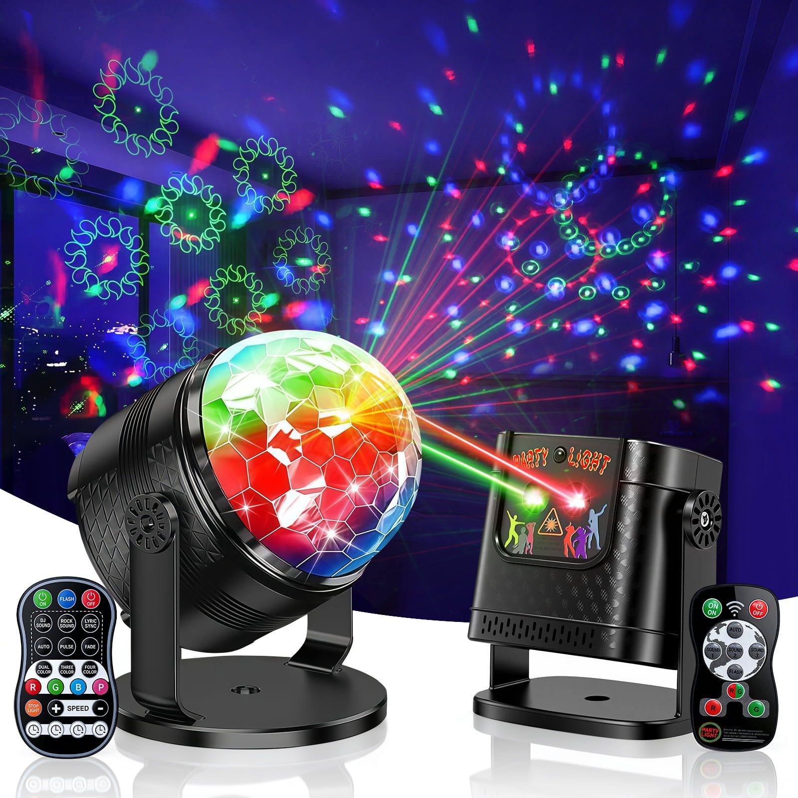 Disco Lights for Parties, 2 Pack DJ Lights with Rotating Disco Ball and RGB Party Lights, Sound Activated Disco Ball Light with Remote for Indoor Stage, Birthday and Christmas